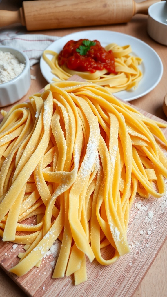 Fresh homemade pasta on a wooden board with flour, ready to be cooked.